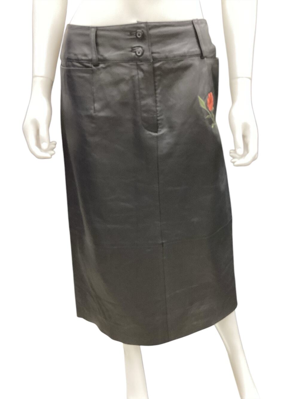 Harvé Benard Skirt Women’s SZ8 Leather Pencil Style Rose Embroidered On The Side